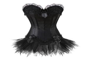 Frauen039s sexy schwarze Overbust Korsett und Kleider Satin Bustier mit Spitze Minirock Taille Cincher Dessous S2XL4809704