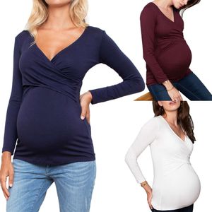 Women V-neck Nursing Pregnant Nusring Maternity V-Neck Long Sleeve Tops Solid Ruffle Blouse Breastfeeding Top L2405