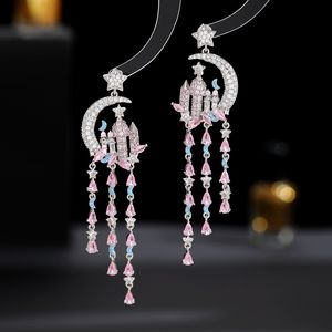 Designer S925 Silver Needle Earring Creative Star Moon Castle Water Drop Long Tassel örhängen smycken