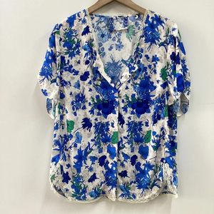 Women's Blouses Women Floral Letter Print Blouse Lace Splice Viscose Side Slit Rhinestone Button Short Sleeve Summer 2024 Lady V-neck Shirt