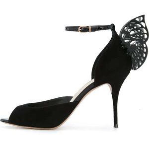 2018 Frete grátis Ladies Sheepskin Suede Hollow Out High Heel Solid Butterfly Ornamentos Sophia Webster Open Toe Sandals Sh Bd4