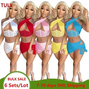 Abiti da lavoro Donne a forma di corpo Solid Women Bandage Gonnes Set Mini abiti da due pezzi Sexy BodyCon Party Wear Halter Strapless Club Outfits 7195