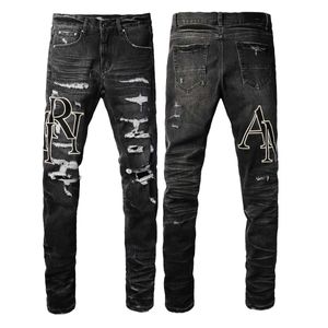 American style high street distressed wash patch patchwork with letters black jeans hole patch