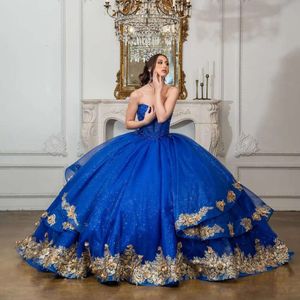 Kraliyet mavisi quinceanera elbise balo elbiseleri altın aplikeler dantel kapalı omuz doğum günü partisi balo elbiseleri vestido de 15 0522
