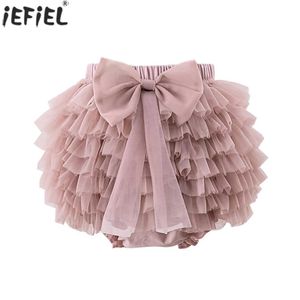 Kjolar baby flickor rufsade bloomers blöja täcker shorts elastisk midjeband lager tyll bowknot tutu kjol småbarn casual sommarkläder y240522