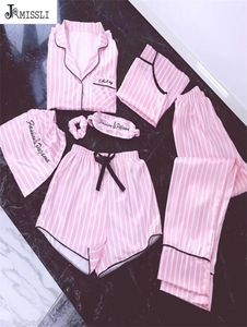Jrmissli Women 7 sztuk różowe zestawy piżamów satynowe jedwabne seksowne bieliznę domową noszenie piżamów piżamą Pijama Woman Y2010129088293