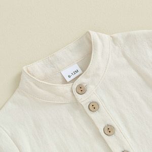 柔らかいコットンリネン幼児の衣装ベビーガールズボーイズ衣類ソリッドカラー長袖ボタントップ +弾性ウエストショーツキッドセット