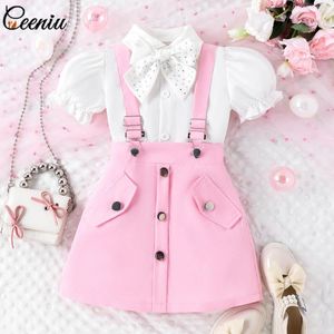 Set di abbigliamento Ceeniu 3pcs Elegante per ragazze per ragazze camicetta per maniche gonfie e abbigliamento rosa rosa per bambini abiti per bambini