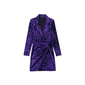 Basic Casual Dresses Women 2024 Fashion Purple Sequined Autumn Dress Vintage Notched Collar Long Sleeves Female Party Banquet Clothing Dhdlp