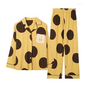Women's Sleepwear M-XXL Comfortable Loose All Cotton Spring And Autumn Cardigan Playful Yellow Pajamas Large Polka Dot Pattern