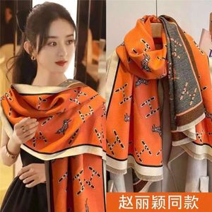 2024 Ny mångsidig kändis samma h bokstav orange högkvalitativ imitation kashmir sjal halsduk för kvinnors vinter dubbel användning