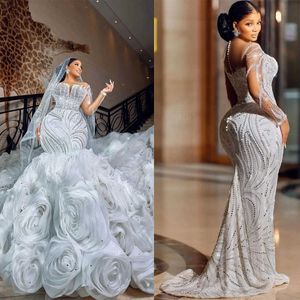 Cascading Ruffles Wedding Dress Illusion Long Sleeve Mermaid Bridal Gowns Sequins Beads Wedding Gowns For African Women