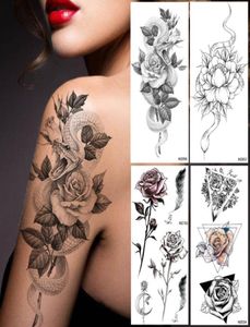 Adesivo per tatuaggi temporanei di serpente di loto creativo per donne 3d body art gambe gambe tatuao decalcomania tatuaggio nero impermeabile nera 9837891