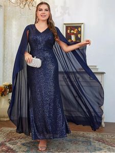 Abiti per feste S-7xl V-Neck Chiffon Navy Blue Shawl Seque Abito da sera di grande dimensione Elegante damigella d'onore per donne per donne