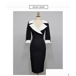 Basic Casual Dresses Autumn Spring Women New Notched Neck Black Sheath Pencil Dress Fashion Slim Y Ol Work Bodycon Office Business Ves Dhxwn