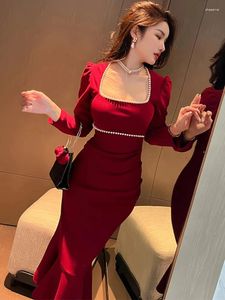 Casual Dresses 2024 Elegant Women Formal Long Claret Black Slim Trumpet Pearl Puff Sleeve Dress Lady Office Birthday Party