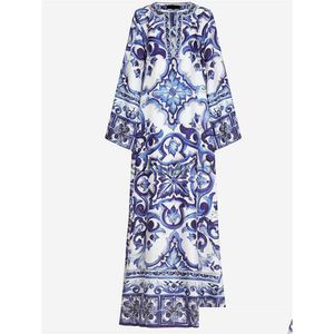 Basic Casual Dresses Est Autumn Runway Loose Maxi Dress Women Blue And White Porcelain Flower Print Bohemian Side Split Long Vestid Dhdwv