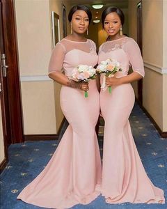 Meat Pink Mermaid Bridesmaid Dresses Long 1/2 Sleeve Sheer Jewel Neck Wedding Party Gowns Sweep Train Lace Appliques Evening Gowns DH0001