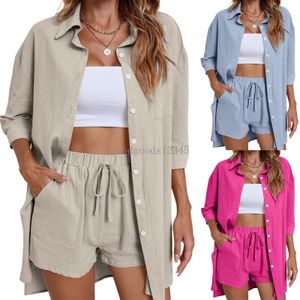 Traccettaci da donna Shorts in lino di cotone da donna Shorts a 2 pezzi set manica corta Single-pettine Abiti a gambe larghe 2024 Outfit femminili estivi