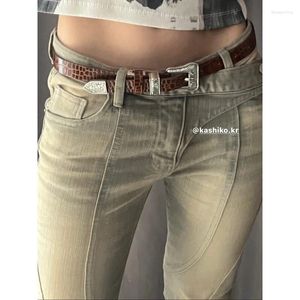 Jeans feminino vintage angustiado Mulheres casuais assimétricas 2024 primavera coreana cintura baixa sexy slim calças de perna larga de jogo largo