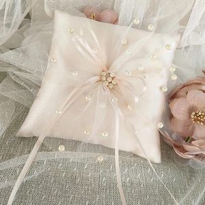 Pillow de anel de casamento de decoração de festa para 15 x 15 cm de coração duplo coração de decoração de cetim almofada de noiva com fitas