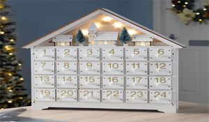 Julekorationer Vit LED 24 -dagars trä advent kalender batteryopered lightup 24 förvaringslådor hus hem dekorera 2202657254