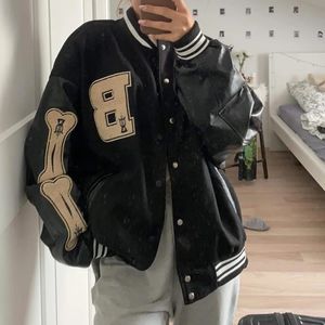 Schulteam Baseball Bomber Jacke Damen Hip-Hop Harajuku Bone Patch Arbeit Leder Jacke Street Kleidung Unisex College Jacke 240516