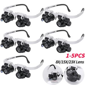 1-5pcs Magnifying Glasses Loupes 8X/15X/23X Headband Magnifier 1.5X With LED Light For Reading Jeweler Watchmaker Repair Wearing
