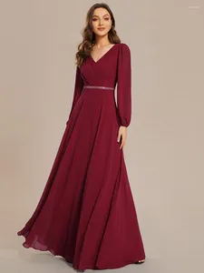 Party Dresses Elegant Evening V-neck Long Sleeve Floor-Length Gown 2024 BAZIIINGAAA Of Back Zipper Chiffon Burgundy Bridesmaid Dress