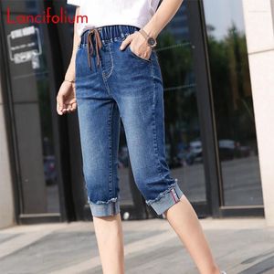 Calça feminina bezerro comprimento 3/4 verão mulheres 2024 elástica na cintura alta bandagem harajuku jeans de jeans de jeans de jeans vintage vintage lápis