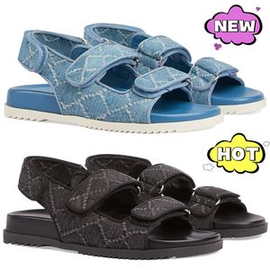 Sandálias Logo Double Canvas Slides Designer Sandal Denim Blue Black Bege Ebony Summer Summer Salto plano para mulheres chinelos de chinelos de praia ao ar livre