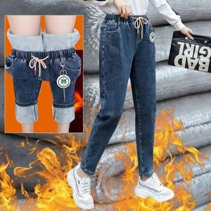 Kvinnors jeans vinter baggy varm fleece fodrad harem kvinnor vintage dragsko denim byxor plus sammet vaqueros förtjockar capris pantalones