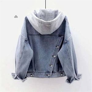 Frauen S Jacken blau dekonstruktierbarer Kapuzenabbiegerkragen Denim Jacke LOSSE Button Patchwork Outwear Jean Mantel weiblich 220913 91