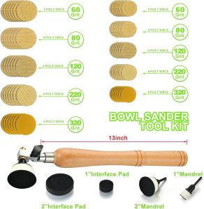 1/2 Inch Bowl Sander Kit with Sanding Block Wood Lathe Tools Hook & Loop Sanding Discs 55 Pcs for Polishing and Sanding Wood