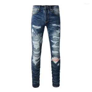 Men's Jeans The S USA Drip Distressed Boys Skinny Stretch Stretwear Letters Embroidered Blue Ripped With Tags