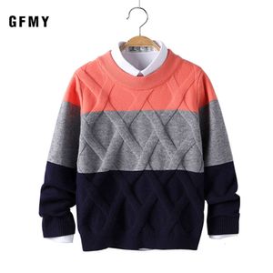 GFMY 2019 Autumn Winter Fashion O-Collar trzykolorowy sweter dla chłopców ciepłe wełniane 5-14-letni płaszcz dzieci
