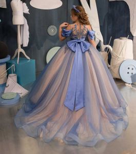 洗礼式ドレス青いスパンコールの花の女の子のウェディングドレス