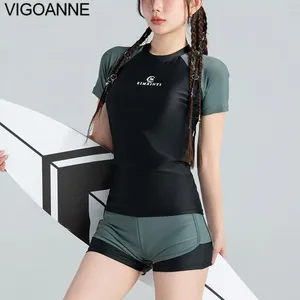 Kvinnors badkläder Vigoanne 2024 Solid Sports Women High Waist Boxer Kort bikini Set koreansk baddräkt Kort ärm Patchwork Bathing Suit