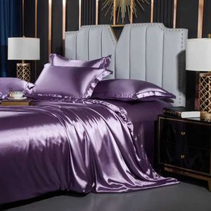 Bettwäsche-Sets Wostar Feste Farbe Satin Rayon Bettdecke Bettlaken Hülle Sommerpaar Luxus Doppelbettwäsche Set 4-teilige Kingsize H240521 DF5W