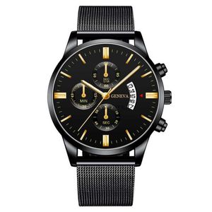 Fashion three-eye calendar mens watch stainless steel mesh belt Milan