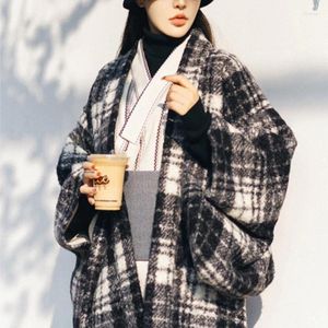 Ethnic Clothing Japanese Style Kimono Haori Plaid Imitation Lamb Wool Thick Coat