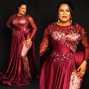 2024 Plus Size Aso Ebi Prom Dresses for Special Occasions Burgundy Mermaid Illusion Long Sleeves Beaded Lace Side Split Birthday Dress Second Reception Gown AM916