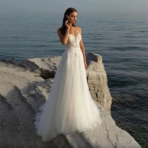 Strap Newest Cross Beach Wedding Dresses Floral Appliques Bridal Gown Bead Tiere Tulle Summer Robe De Mariee