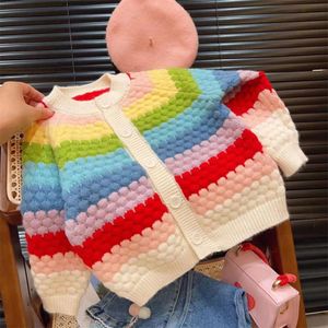 Rainbow randiga stickade cardigans för barn Baby Girls Autumn Winter Long Sleeve Single-Breasted tröja Rockar Barn Kläder L2405