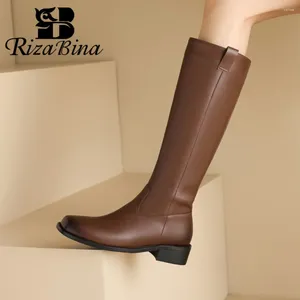 Boots RIZABINA Size 34-43 Real Leather Women's Knee- High Polish Color Chunky Heel Slip On Wide Calf Stylish Knight