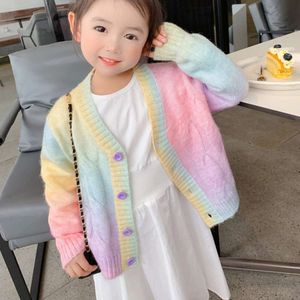 レインボーニットキッズ秋の冬の甘いカワイイセーターコート子供女の子韓国ボタンダウンカーディガンL2405