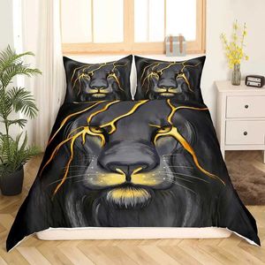 Sängkläder sätter svart lejon täcke täcker djur sängblad 3 stycke set singel dubbel king drottning full storlek 1 täcke 2 fall h240521 muzj