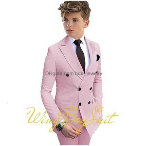 Suits Yellow Boys Suit Double Breasted Jacket Pants 2 Piece Set Business Style Formal Wedding Tuxedo Custom Size Blazer Kids 240304 Dhjm6