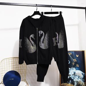 Women's Two Piece Pants Autumn Women Two-piece Set High Quality Swan Drilling Hooded Cardigans Sweater Coat Casual Sports Knitting Suits