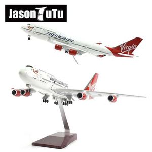 Flygplan Modle Jason Tutu 46cm Airplane Model Aircraft 1/160 Skala Diecast Harts Virgin Atlantic Boeing 747 Light and Wheel Plane Gift Collecti Y240522